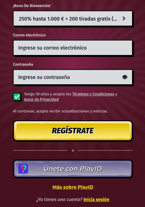 Formulario de registro e inicio de sesión en AllySpin Casino