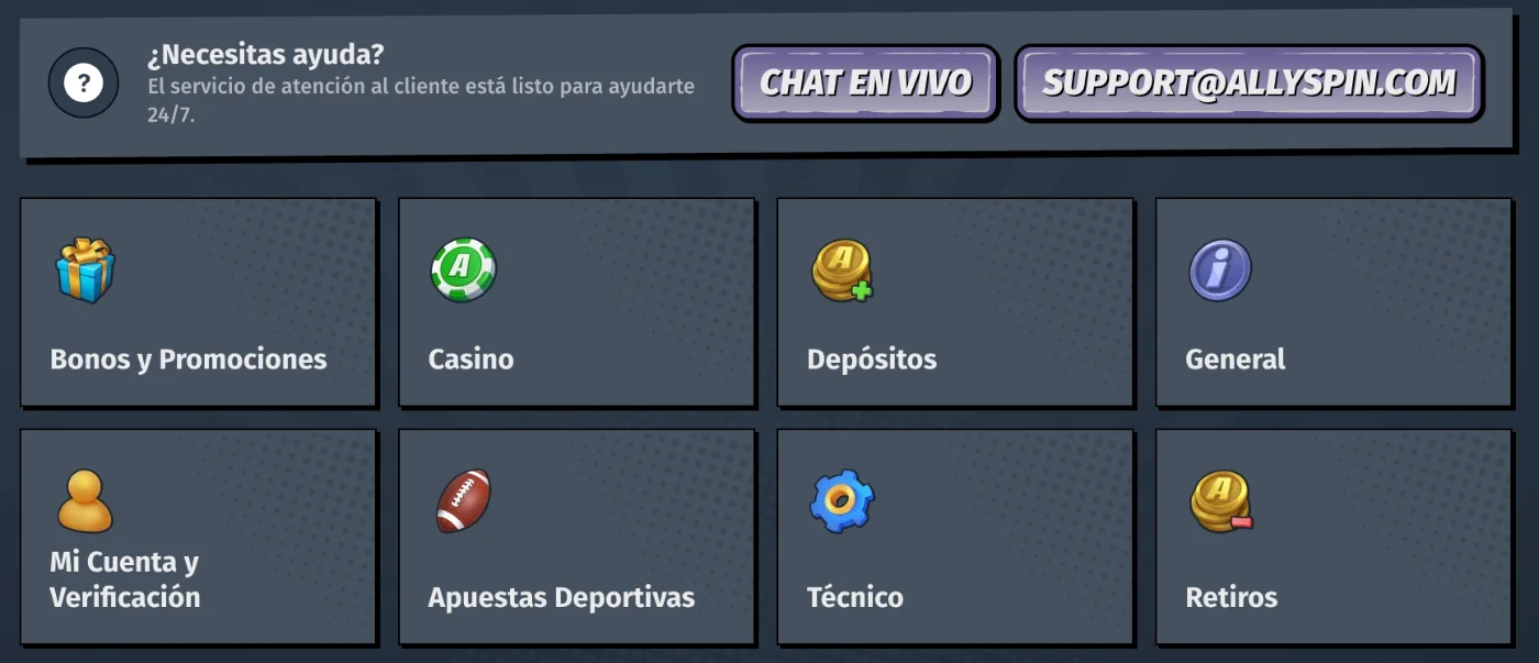 Servicio de atención al cliente y soporte de AllySpin Casino